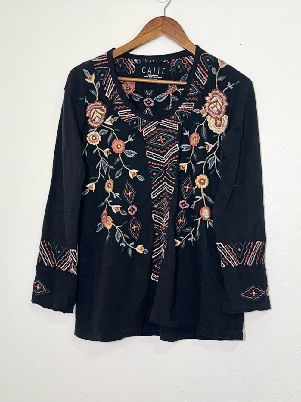 Caite "Isa" Black Embroidered Boho Peasant Blouse Cotton Folk Art Tunic XL - Picture 3 of 13